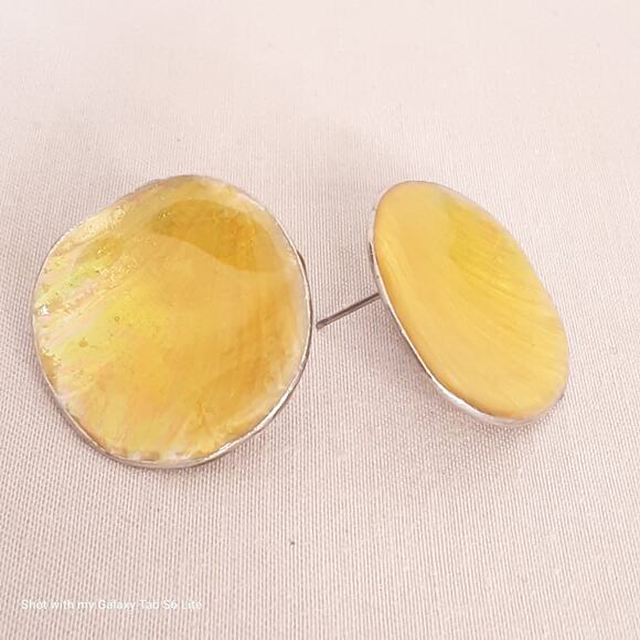 Chicos Disc Earrings Luminescent Yellow Enamel On SIlver Tone Concave Metal - Picture 2 of 8